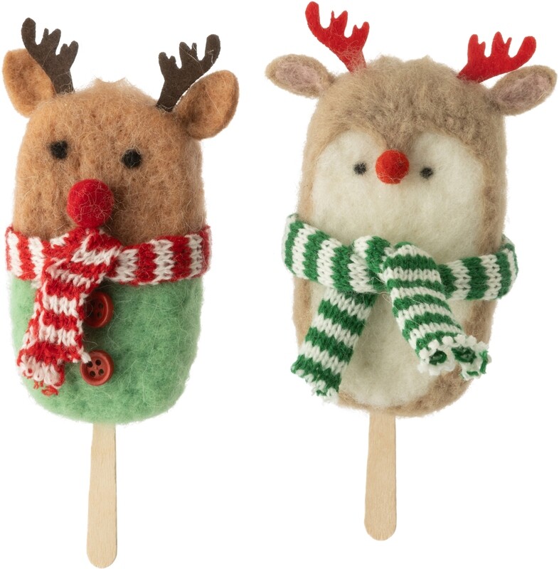 2 Asst&#39;d bear/bird with antlers, knit scarves on popsicle stick, felt/wood 7 in  12            