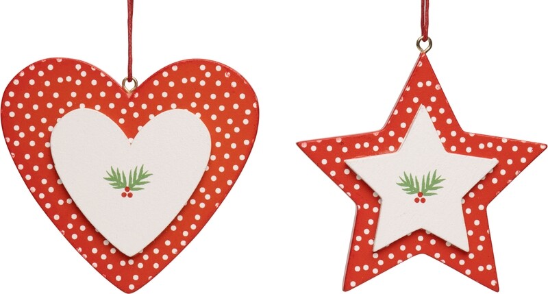 2 Asst&#39;d red heart/star with white centres &amp; white dots, wood orns 3 in  24            