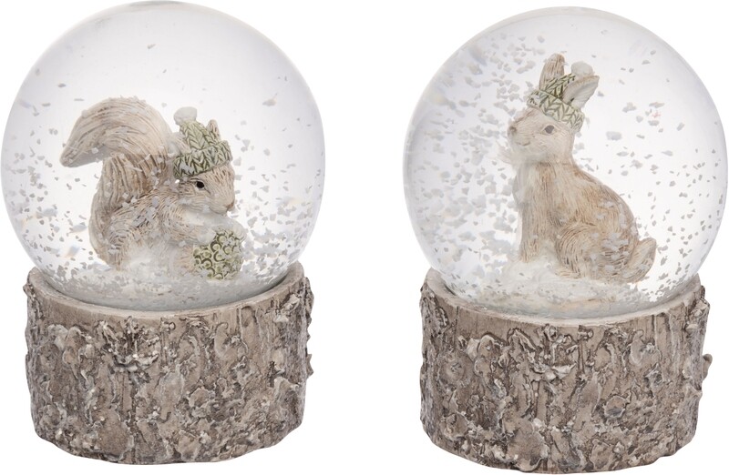 2 Asst&#39;d frosted white snow globes with Squirrel/Rabbit on wood look base, tabletop, resin  6      