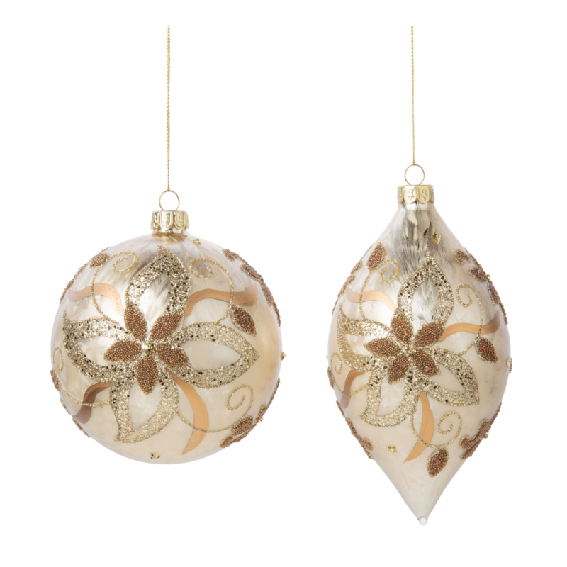2 Asst&#39;d glass ball and drop ornaments, light gold frost with gold glitter and bronze bead poinsettia pattern 4+5 in  12            