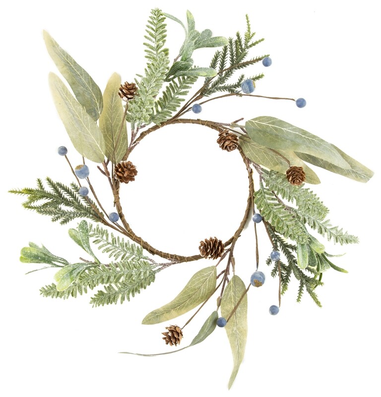 Faux glittered boxwood candle ring w/ red berries, 4.5 in 12