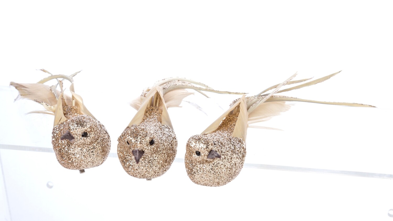 3 Asst&#39;d champagne glitter clip-on birds with natural feather and extended plumes, 8.25 in  24      