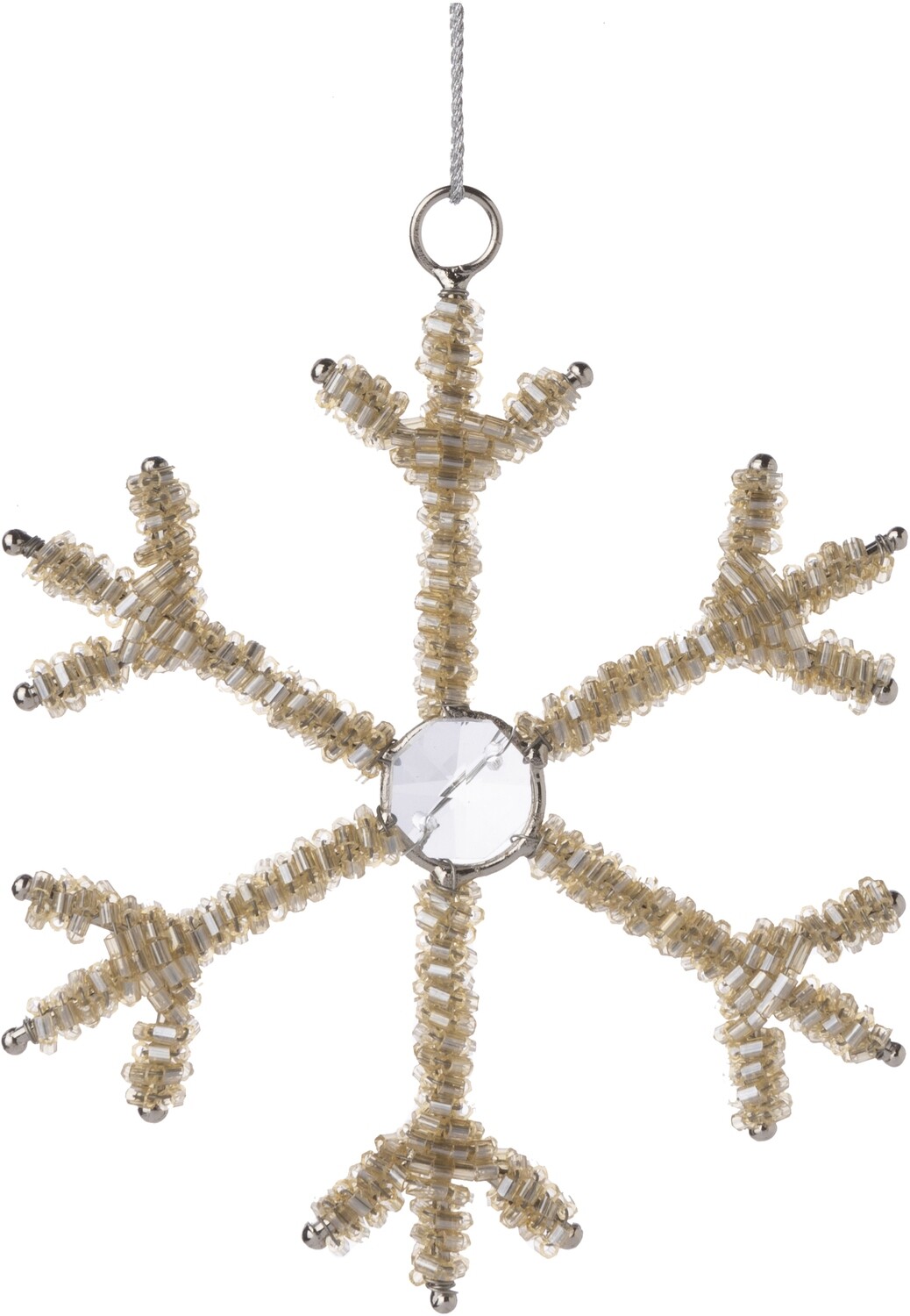 Light gold glass bead snowflake on metal frame ornament 4 in  24            
