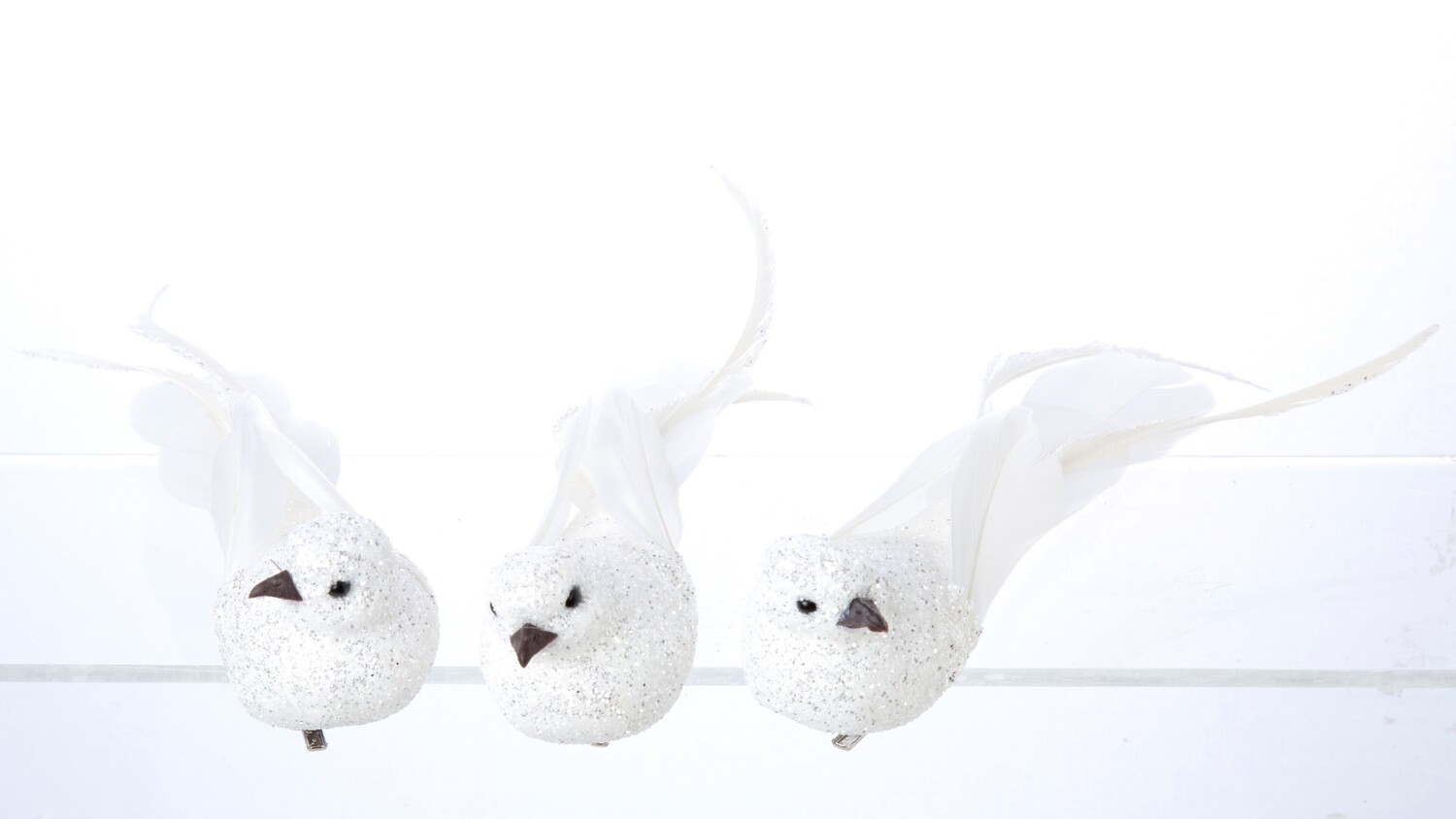 3 Asst&#39;d white and silver glitter clip-on birds white feathers with extended, glitter plumes 8 in  24      