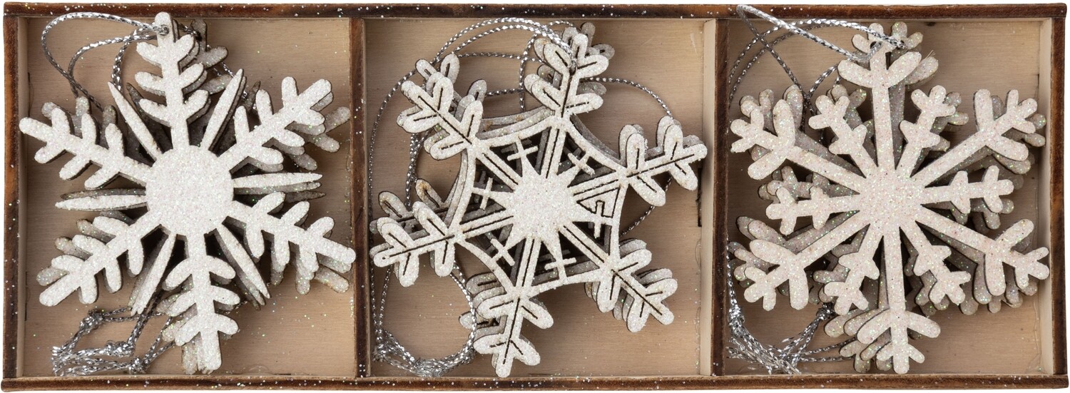 Set of 9 white snowflakes, painted wood orns 2.25 in  6      