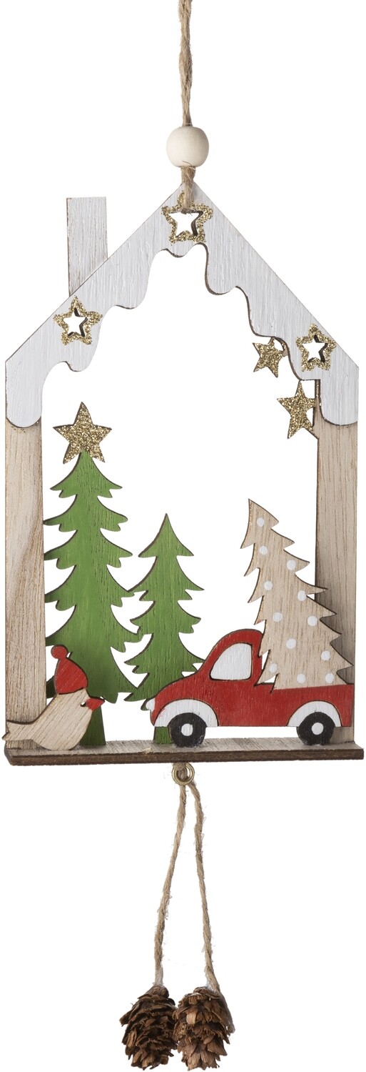 Die cut winter scene with white house &amp; bird/green trees/red car on wood base orn 3.25 in  12            