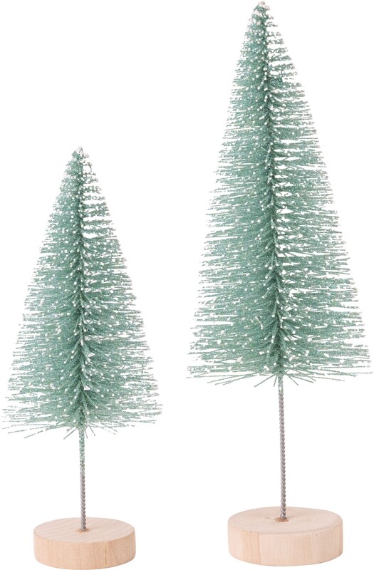 Set of 2 teal glittered  bristle trees, w/tall trunk on natural wood base tabletop, 10+12 in  3            