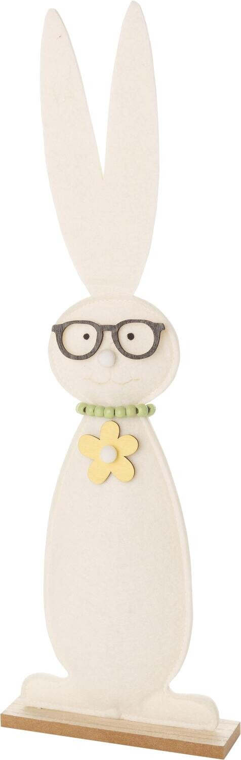 Felt off-white bunny in reading glasses table piece, green wood bead necklace with yellow daisy 17 in  6       