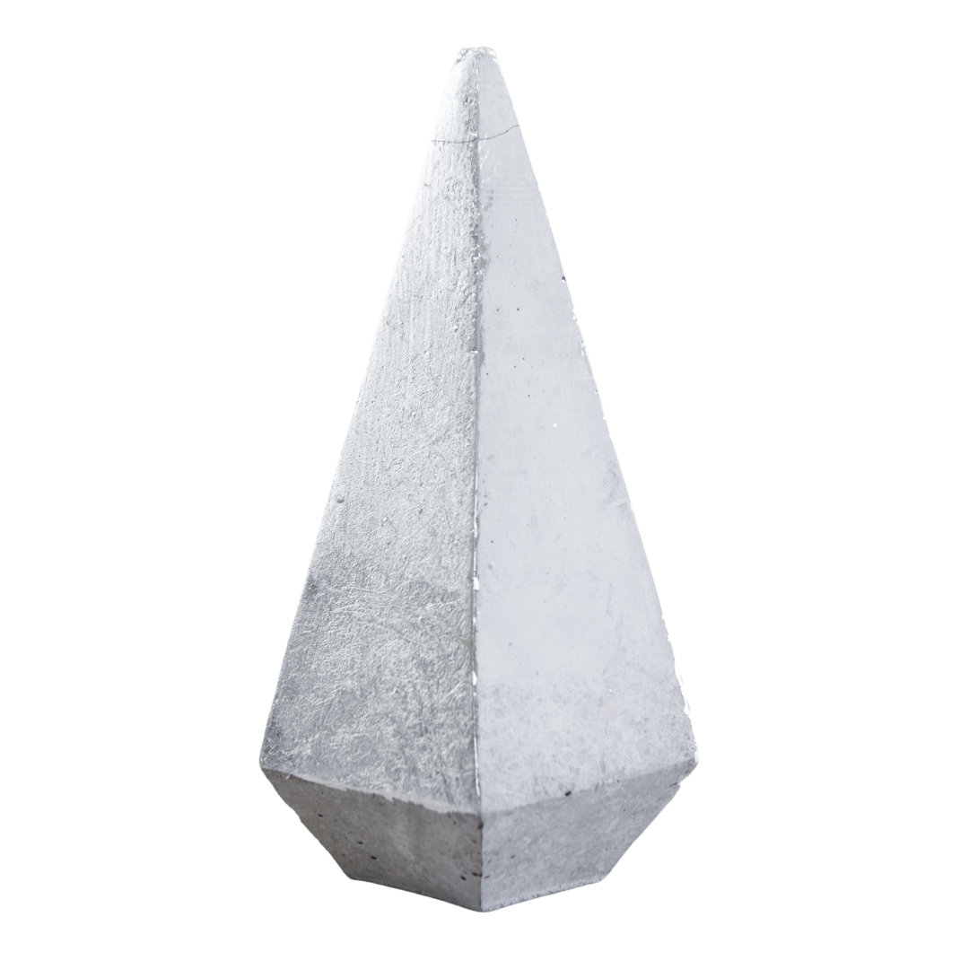 Cement geometric obelisk paper weight w/silver foil panels 6.5in  6