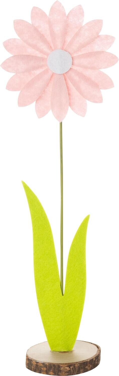 Felt Daisy table top decoration on wood base, metal stem, pink 14 in  6