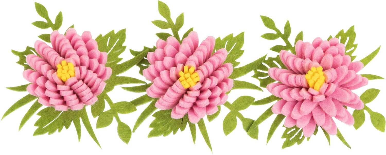 Set of 3 felt flower clip-on ornaments, 3D felt, pink. Each flower 2.5 in  12       