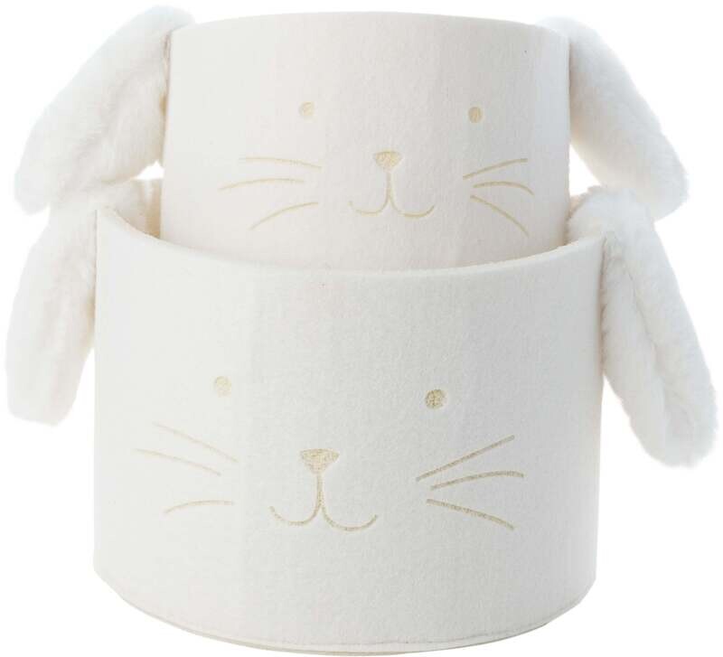 Set of 2 felt bunny baskets, white plush ears, 8+6 in  4