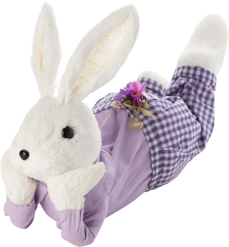 Tinted grass covered bunny in relaxed pose table piece in lavender clothes, oversize 17 in  1