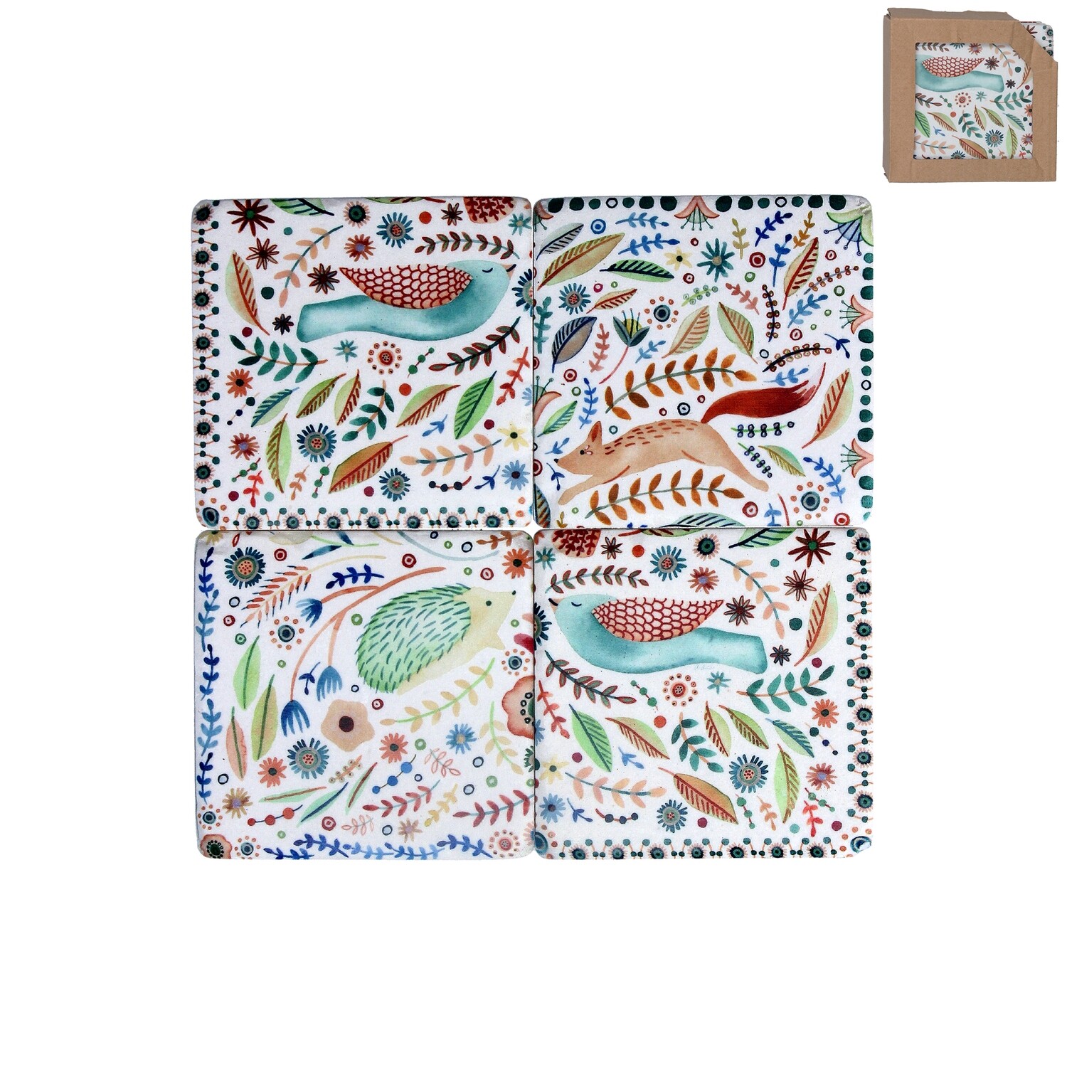 Set of 4 folk woodland animals resin coaster 3.9x3.9x2in  3           