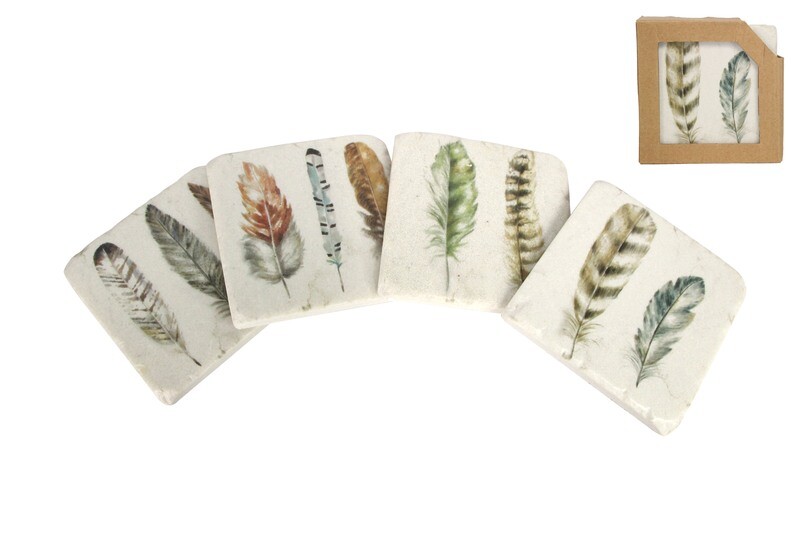 4 Asst&#39;d feathers resin coasters, 3.75x3.75in  3           