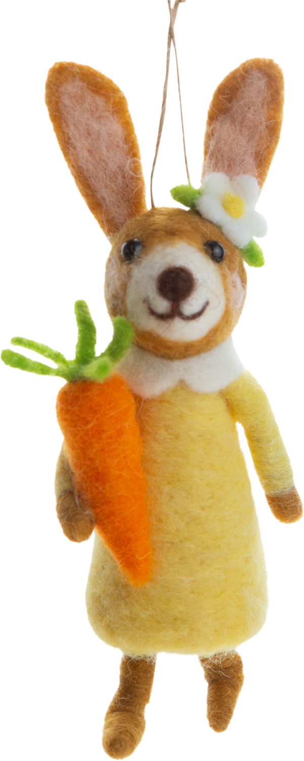 Felt tan bunny in yellow dress ornament, carrot trim 6 in  6