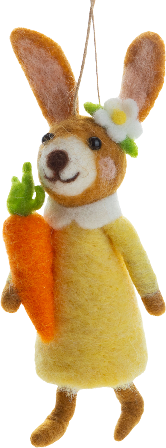 Felt tan bunny in yellow dress ornament, carrot trim 6 in  6