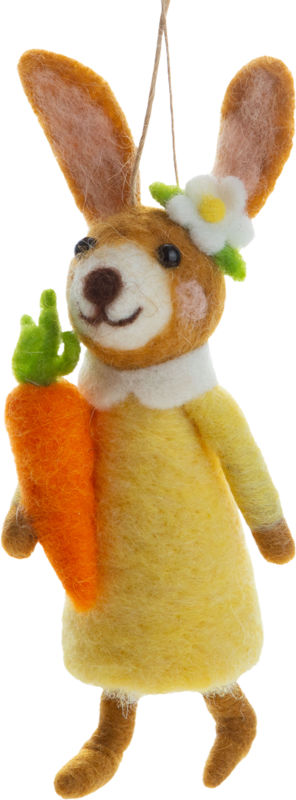 Felt tan bunny in yellow dress ornament, carrot trim 6 in  6