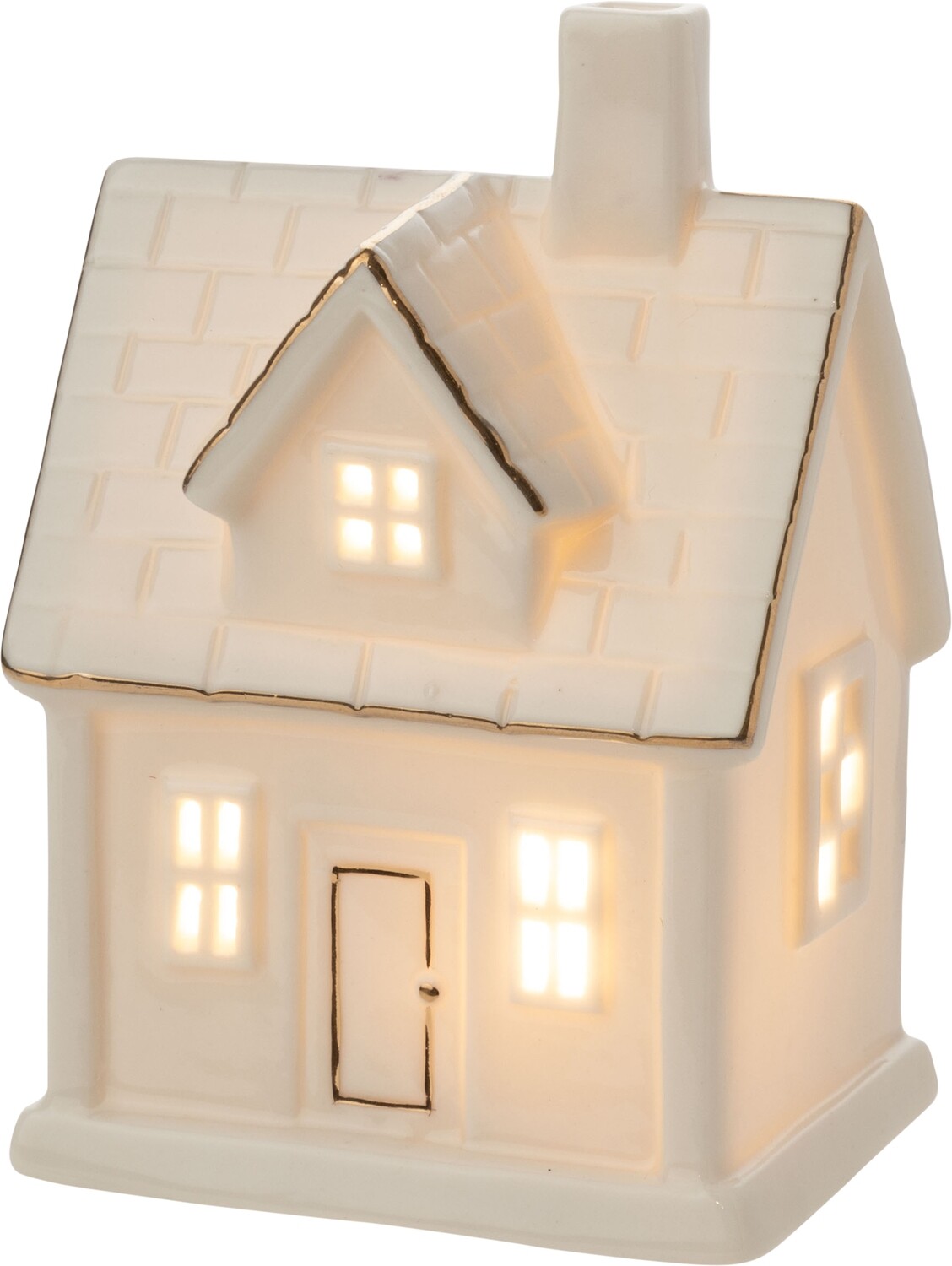 Shiny white ceramic table top house with gold trim, LED, 4.25x3in  6            