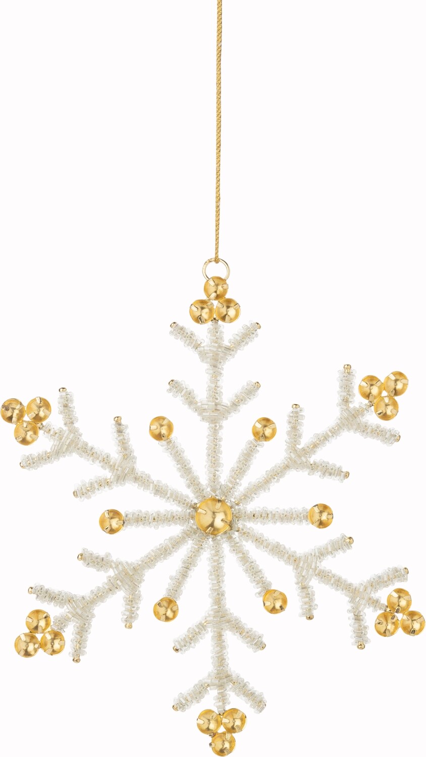 White bead on silver wire frame snowflake ornament with gold coloured acrylic jewel tips, 6.5 in  6   