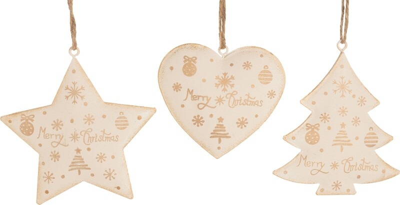 3 Asst&#39;d cream coloured metal ornaments with gold Christmas  pattern, 3.5 in  24            