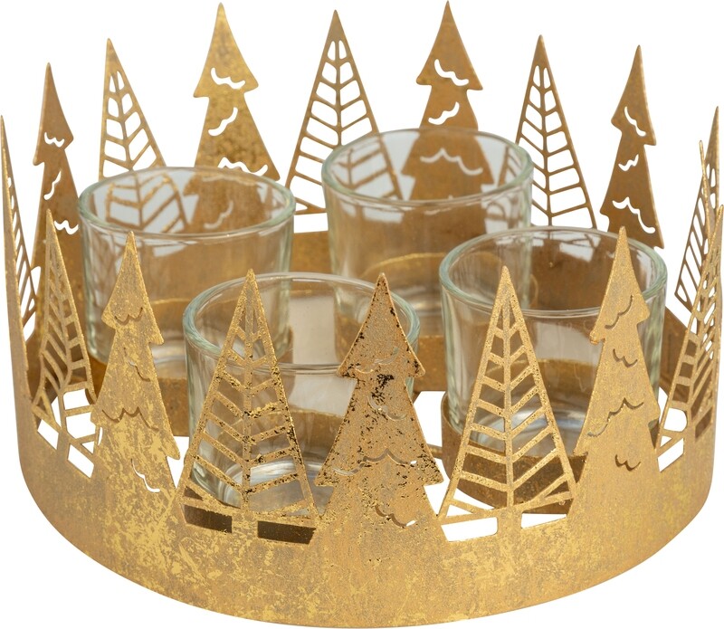 Gold foiled metal candle ring with 4 glass votive holders, modern tree pattern, 6.5 diameter  2