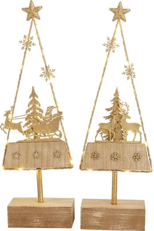 2 Asst&#39;d gold wire framed table top tree Santa in sleigh and reindeer scene on wood base, LED, 13.5 in  4            