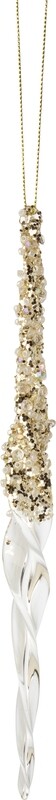 Clear glass icicle drop with white and clear beads &amp; gold glitter, 8 in  12             