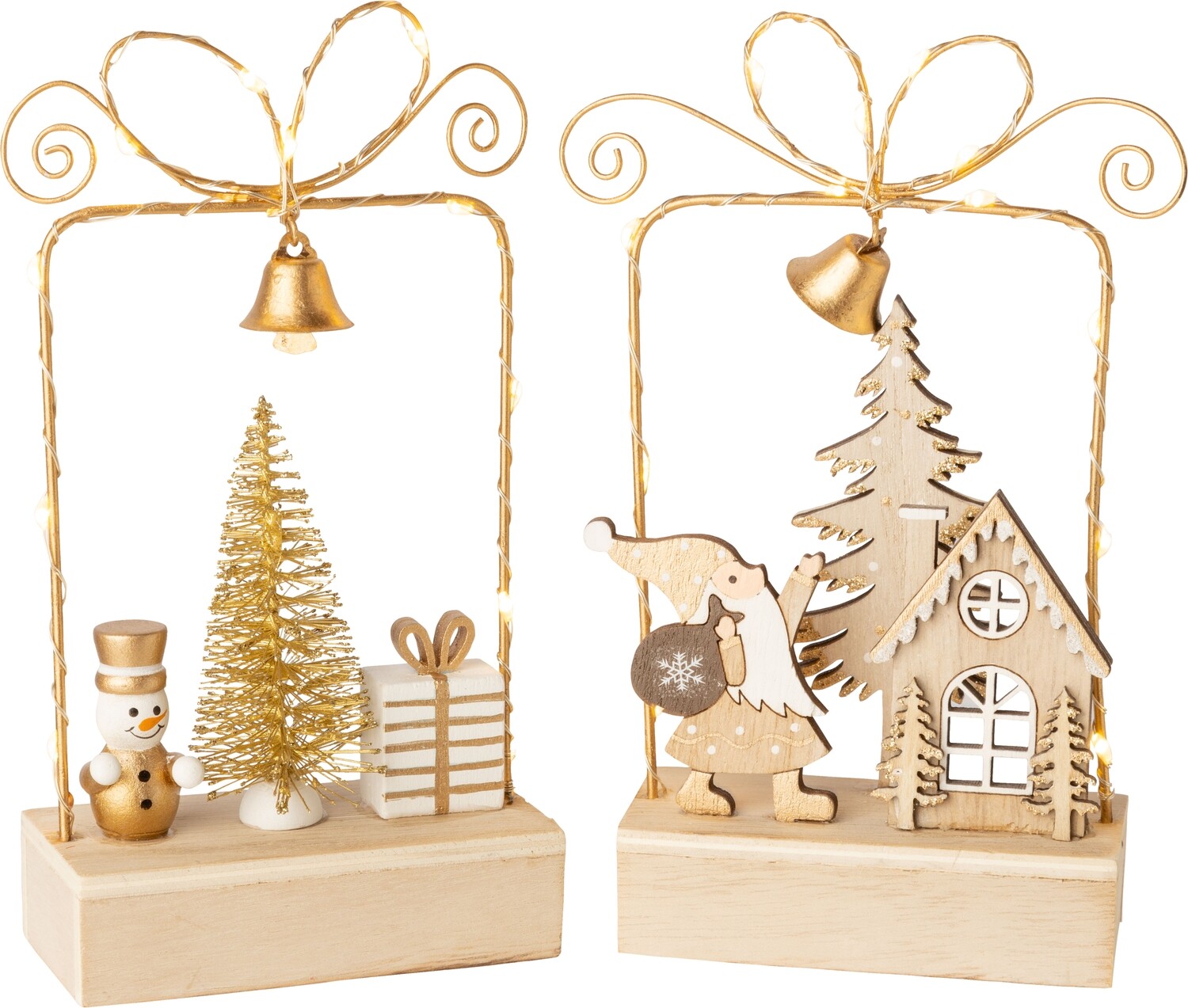 2 Asst&#39;d wire frame table pieces, gift box shape with Santa and snowman scenes on wood base, white and gold, LED, 7 in  6            