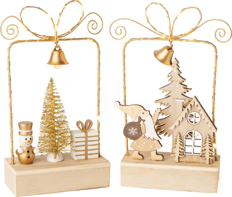 2 Asst&#39;d wire frame table pieces, gift box shape with Santa and snowman scenes on wood base, white and gold, LED, 7 in  6            