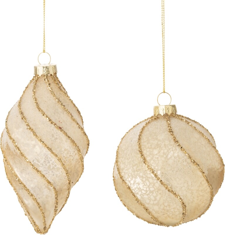 2 Asst&#39;d fluted swirl glass ornaments, matte antique gold with chunky glitter bands, 3~4,5 in  12            