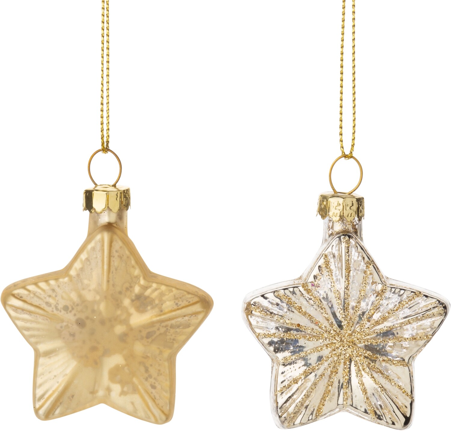 2 Asst&#39;d glass mini star ornaments, silver and gold with glitter rays, 2.4 in  18      