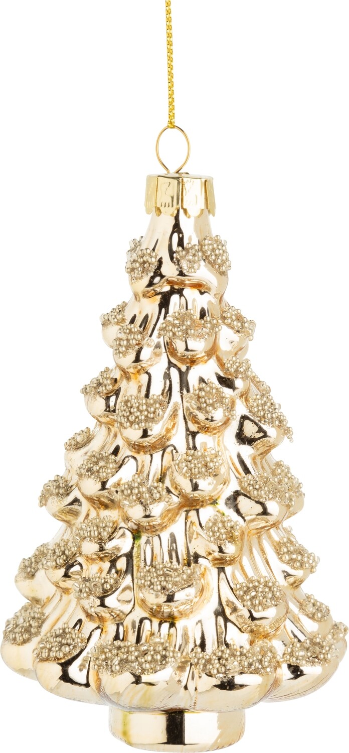 Pale gold glass tree ornament with gold bead trim, 4.5 in  6      