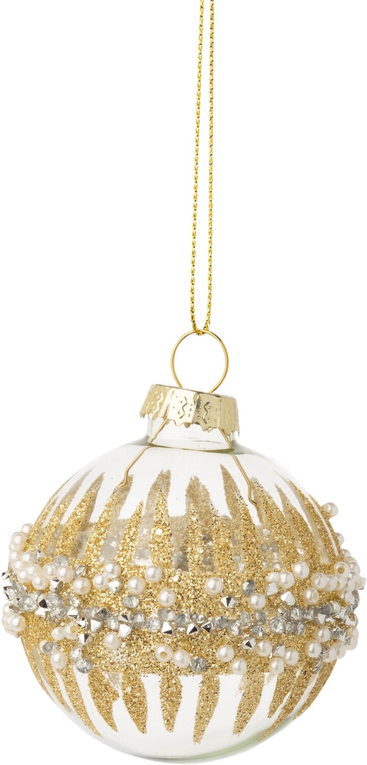Clear glass ball with gold spike center band, pearl and silver bead mix trim, 60 mm/2.5 in  12      