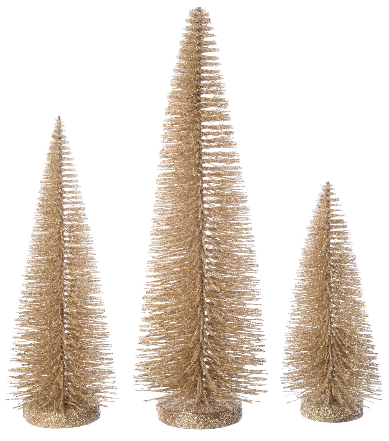 Set of 3 glittered bristle trees champagne gold, 14+10+8 in  4      