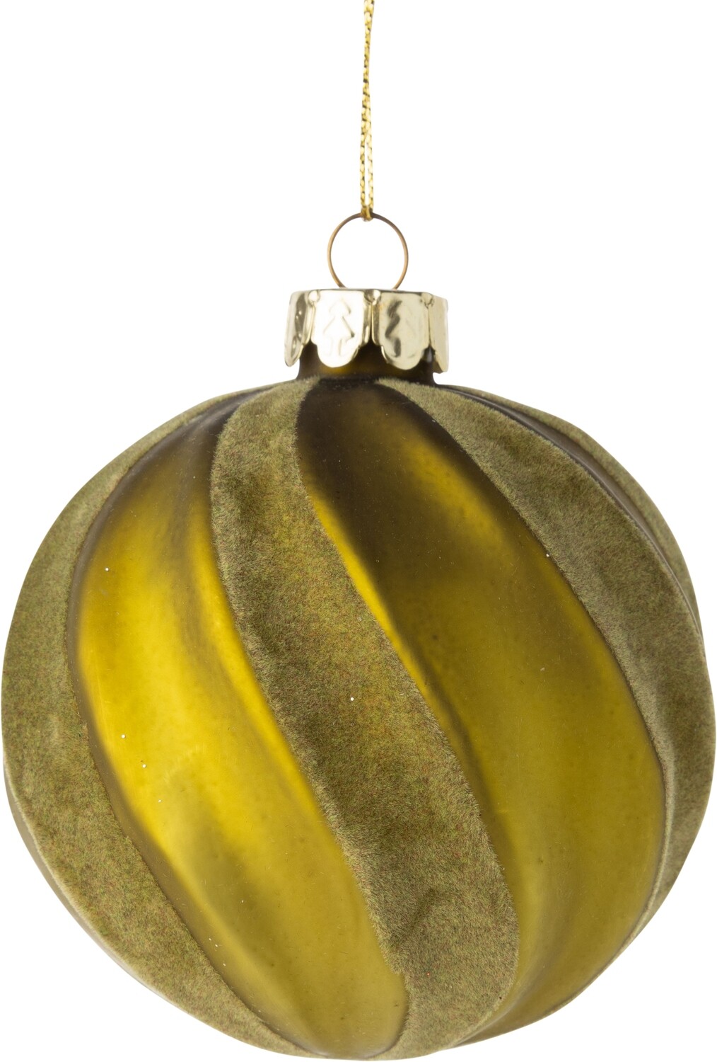 Glass ball ornament matte olive green diagonal fluted bands with matching flock, 80mm/3 in  12            