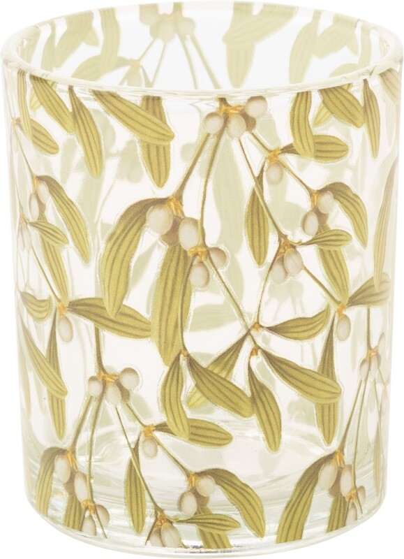 Glass tea light holder, clear with light green mistletoe print, 3 in  12            
