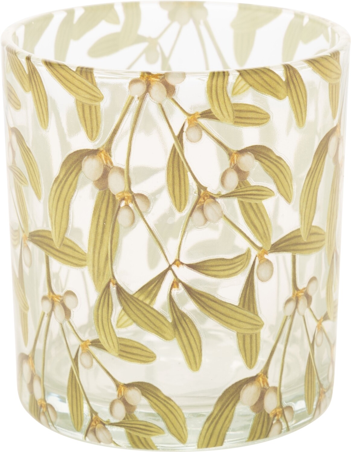 Glass holder table piece, clear with light green mistletoe print, 3.5 in  6