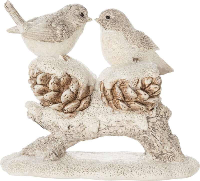Painted resin bird couple on snowy branch table piece, 4.75 in  4   