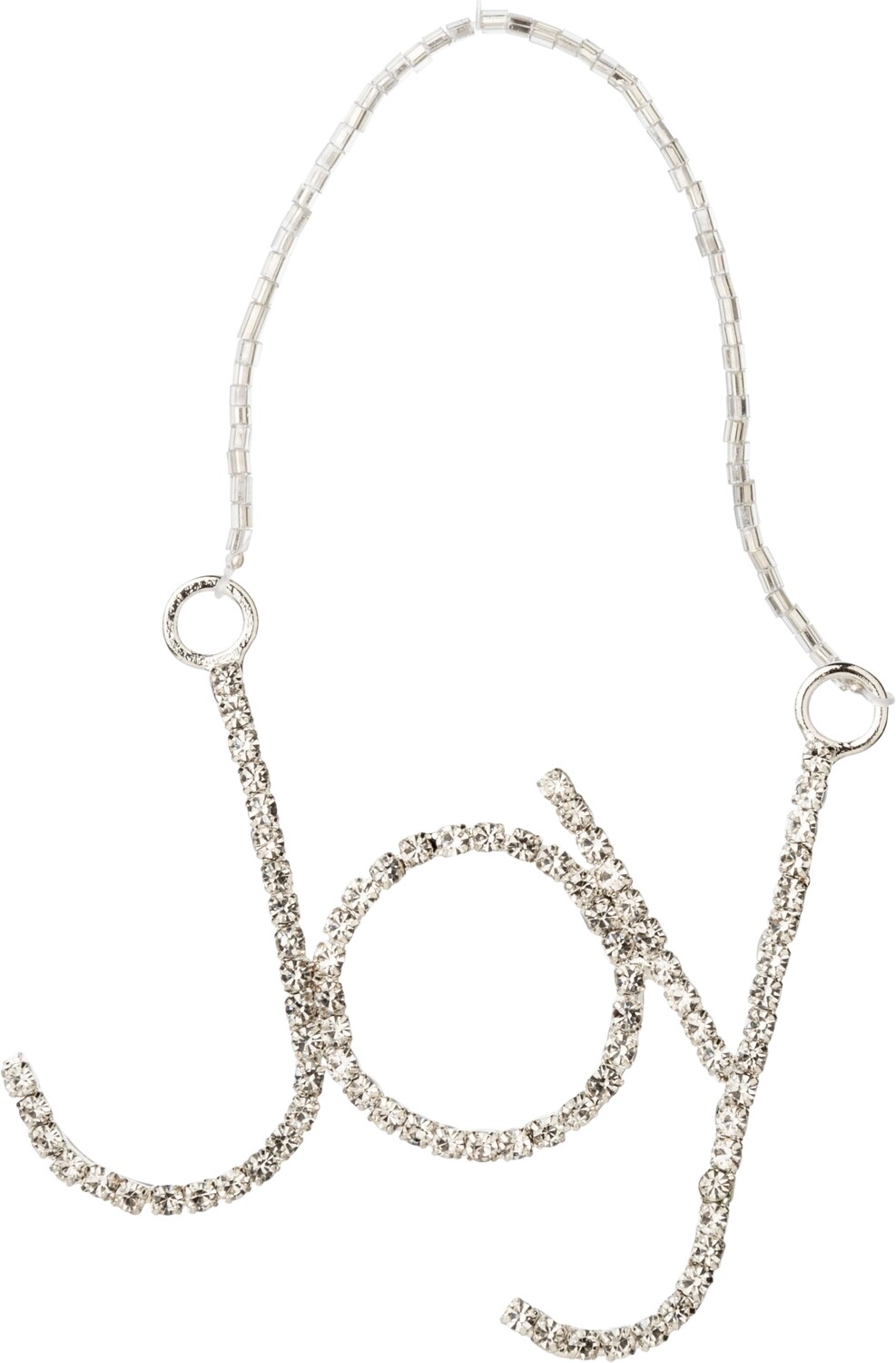 Brilliant cut clear rhinestones set in silver metal JOY word ornament, 3 in  6      