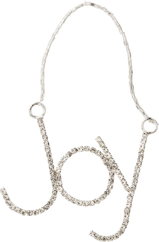 Brilliant cut clear rhinestones set in silver metal JOY word ornament, 3 in  6      