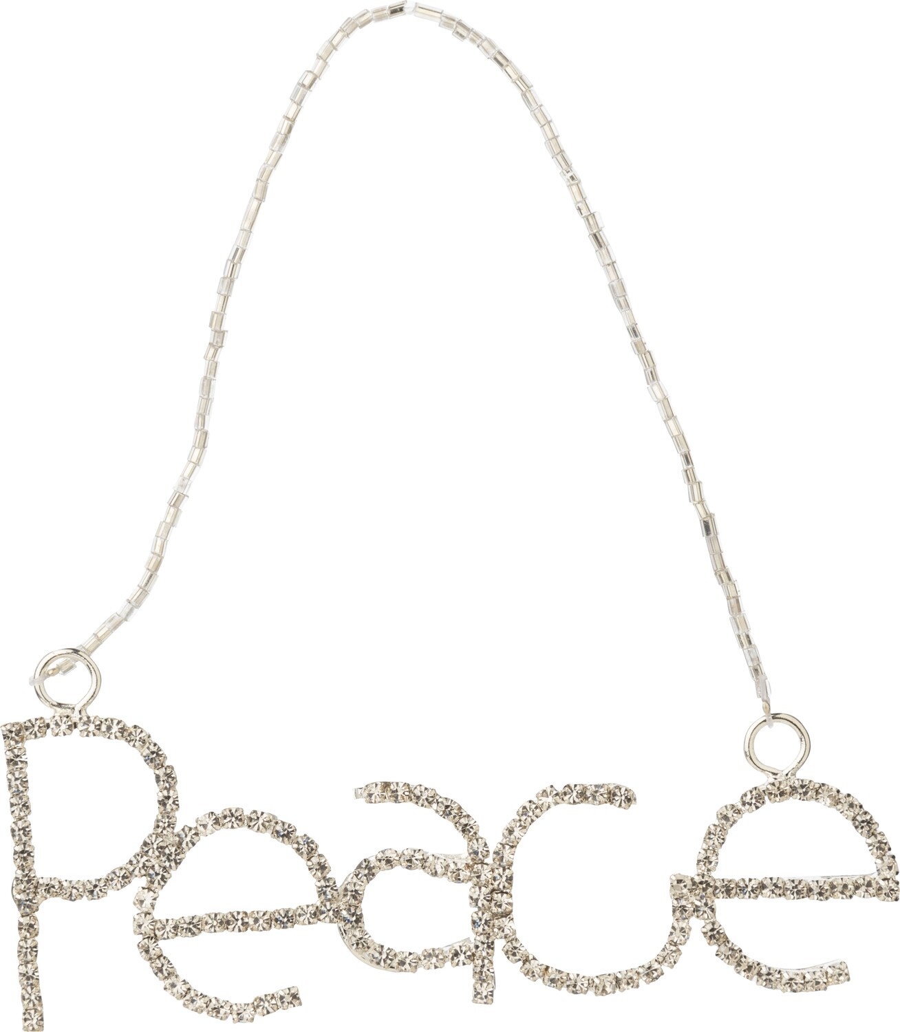 Brilliant cut clear rhinestones set in silver metal PEACE word ornament, 5 in  6      