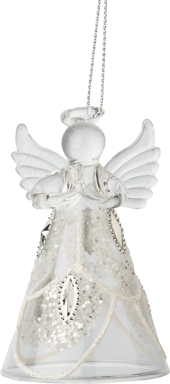 Glass angel ornament, clear with white swags, silver glitter and white bead, 3 in  12      