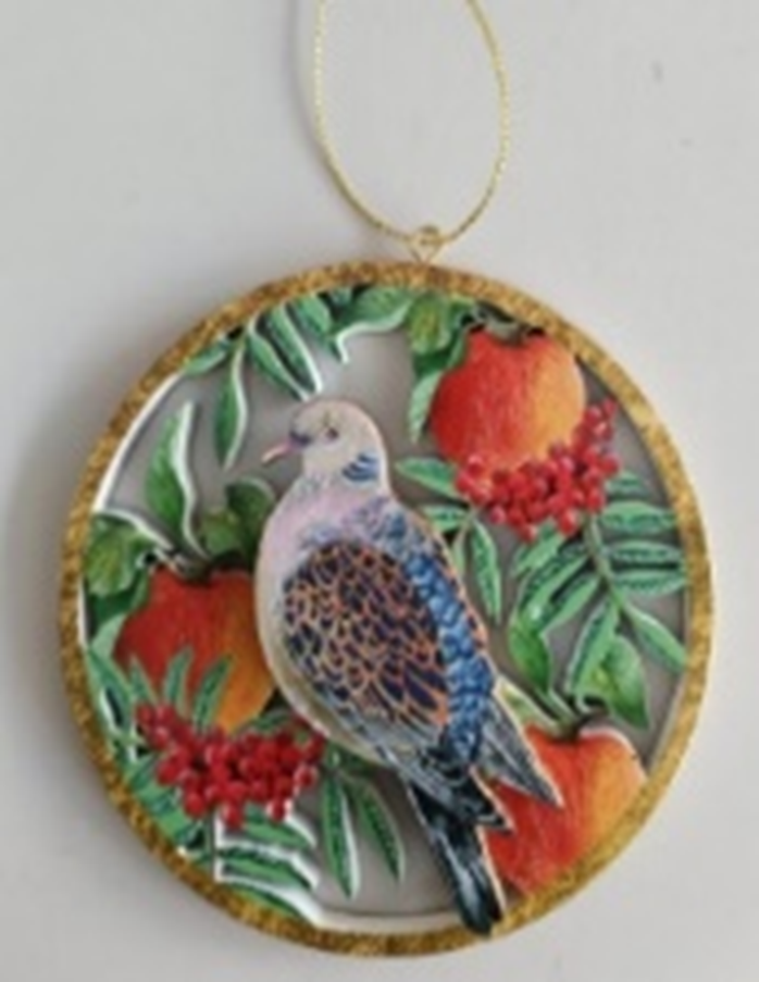 3 Asst&#39;d printed wood disk ornaments, gold edge 2-sided, birds with patterns, 4 in  24            