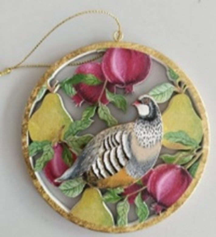 3 Asst&#39;d printed wood disk ornaments, gold edge 2-sided, birds with patterns, 4 in  24            