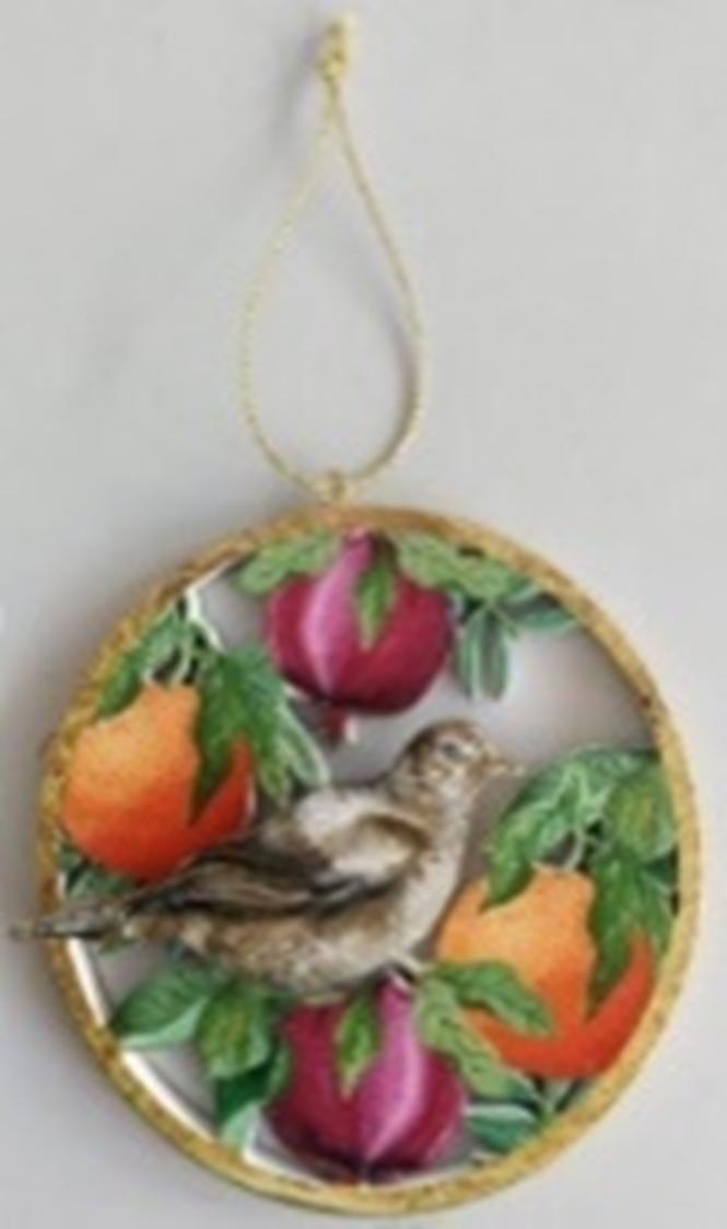 3 Asst&#39;d printed wood disk ornaments, gold edge 2-sided, birds with patterns, 4 in  24            