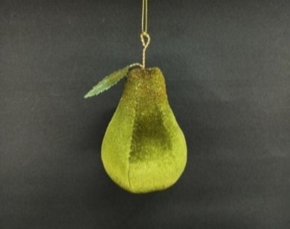 Velvet pear ornament with twisted metal stem and fabric leaf ornament 3 in  6            