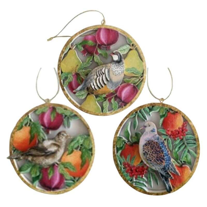 3 Asst&#39;d printed wood disk ornaments, gold edge 2-sided, birds with patterns, 4 in  24            