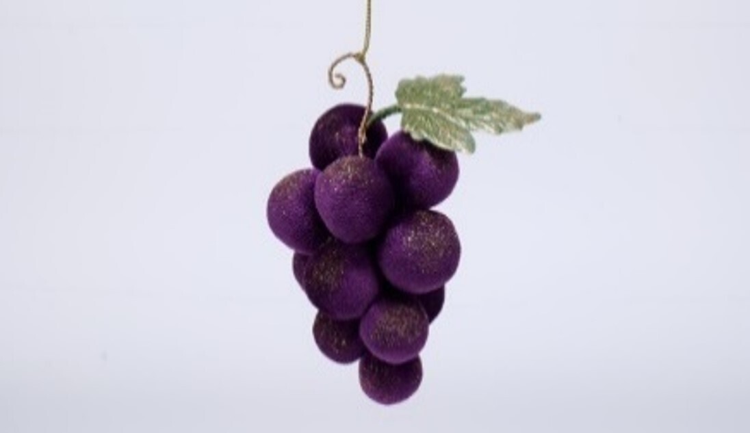 Velvet grape cluster ornament with twisted metal stem and fabric leaf ornament, 6 in  6            