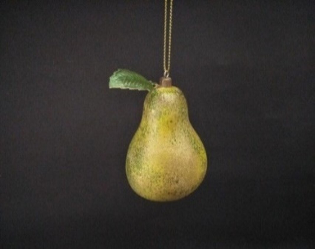 Painted resin pear ornament with embossed metal leaf, 2.5 in  6            